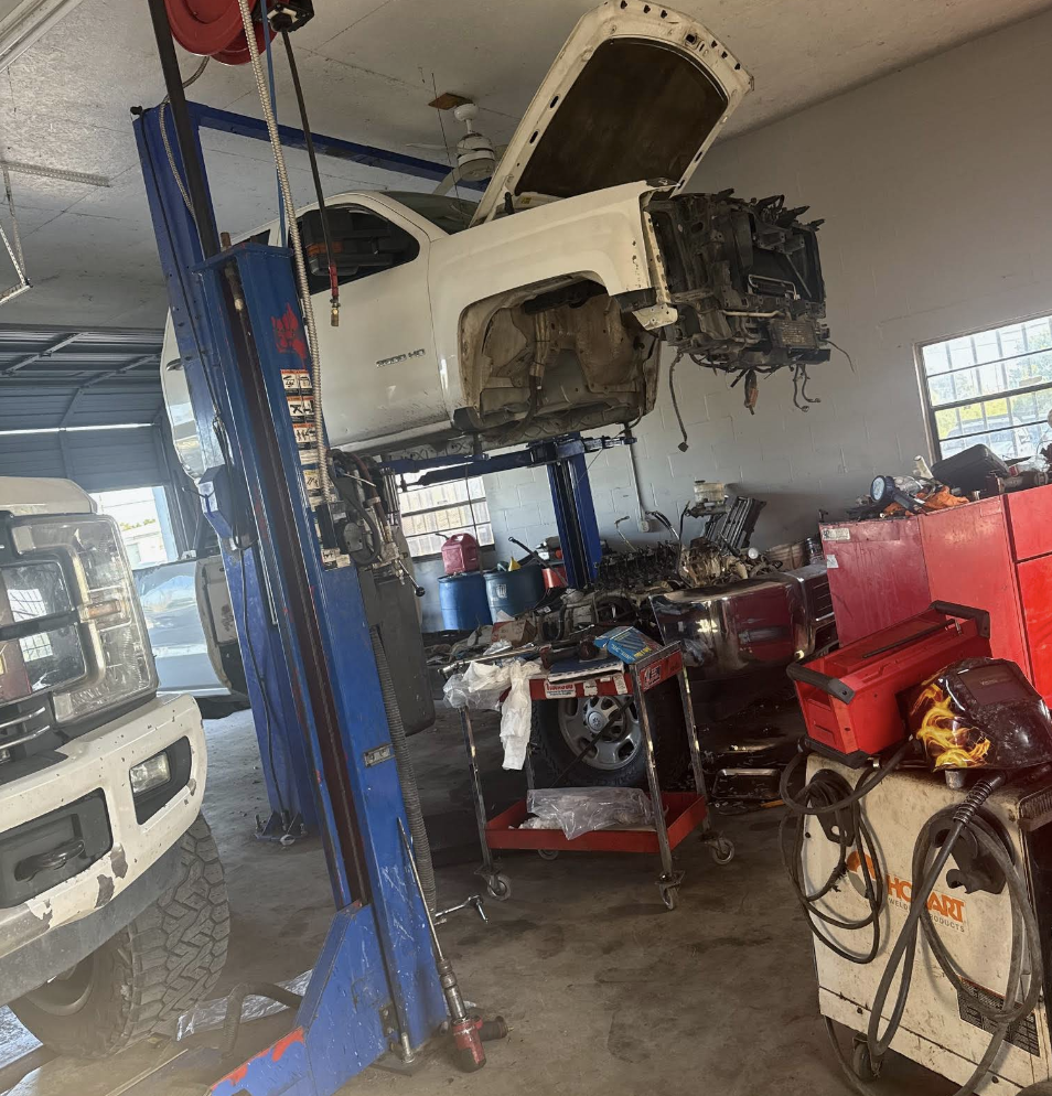 Truck on lift during major repair